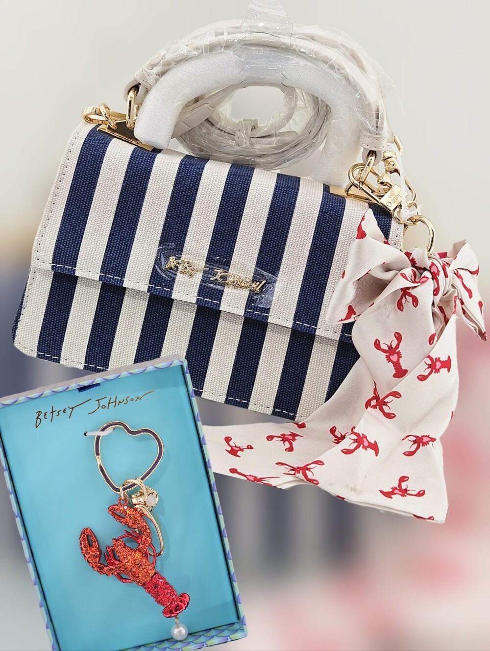 BUNDLE Betsey Johnson Jules Striped Crossbody Bag & Lobster Bag Charm Nautical